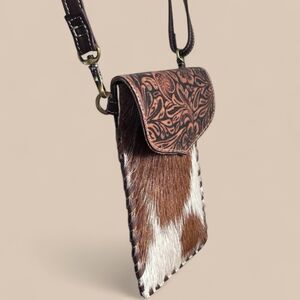 Hand Tooled Cowhide Leather Crossbody Bag Hair-On Hide 8”x5.5”